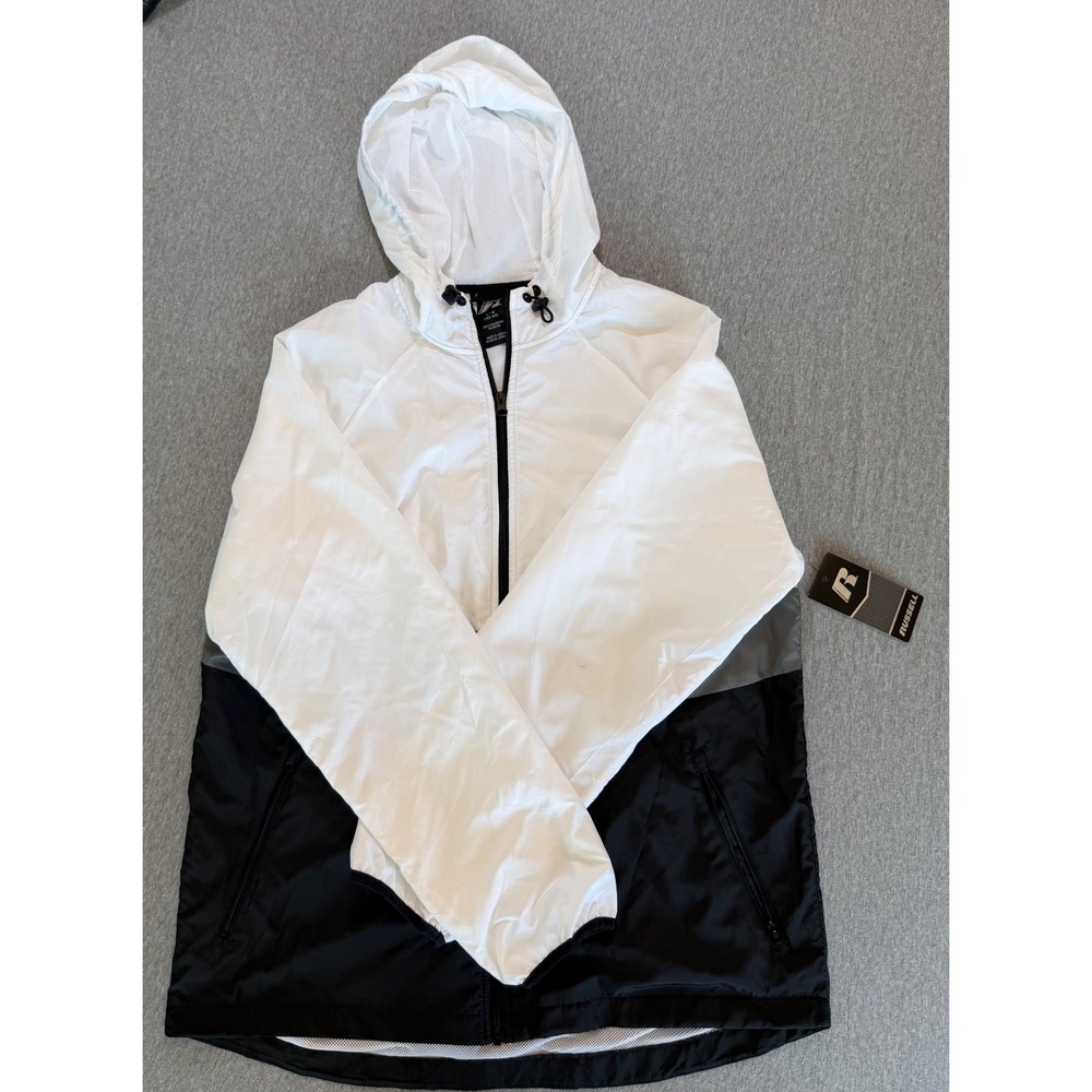Russell Mens Windbreaker Jacket Hooded Colorblock White Grey Black Large NEW